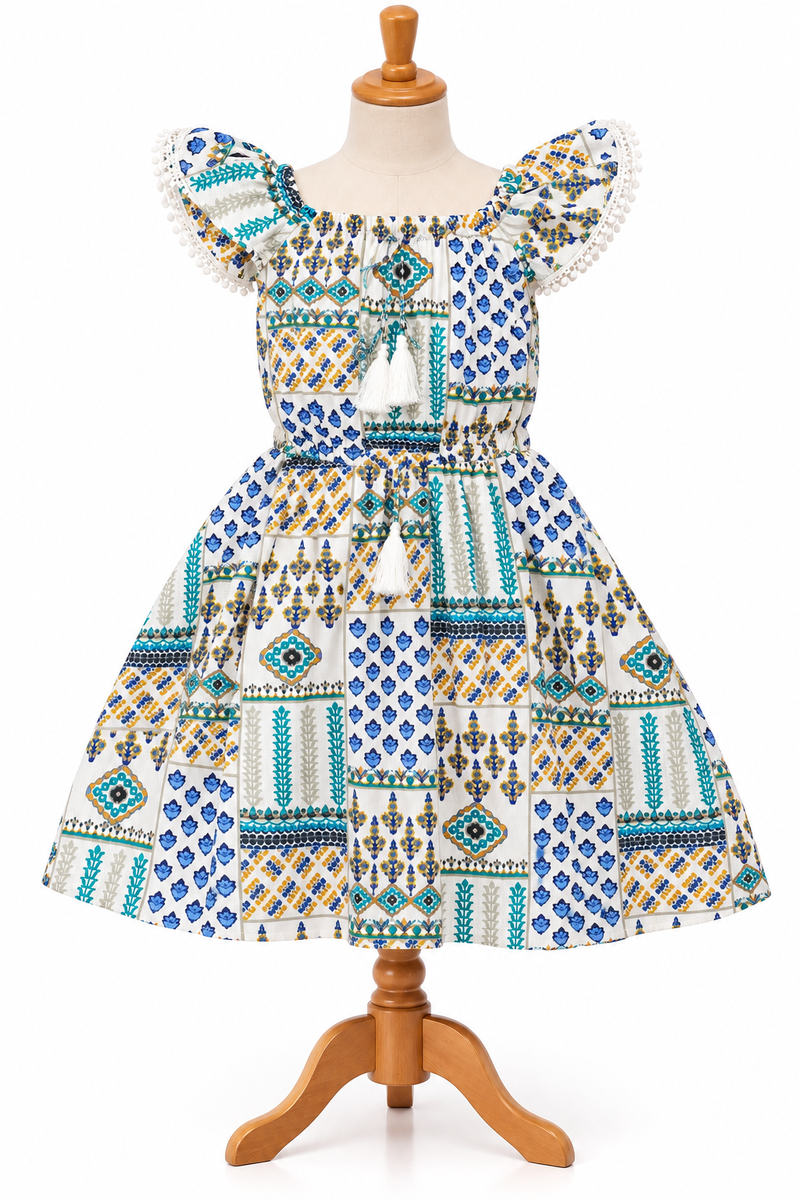 Blue and White Printed Ethnic Frock with Tassels
