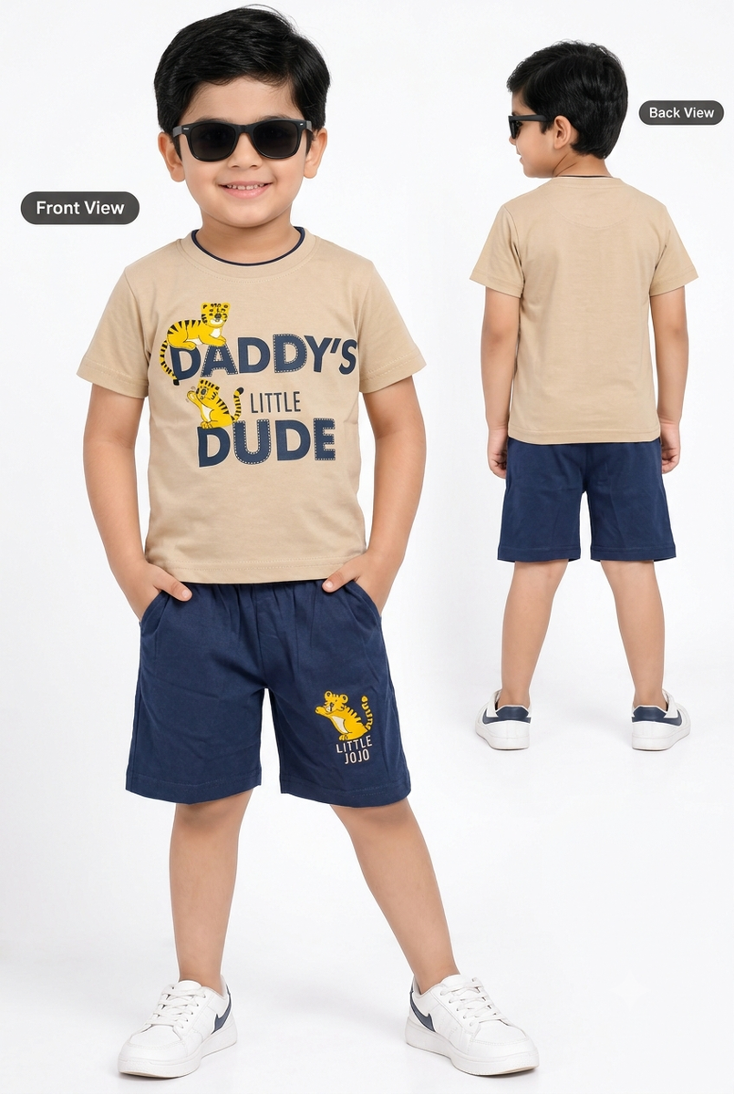 Boys Beige & Navy 'Daddy's Little Dude' T-Shirt & Shorts Set