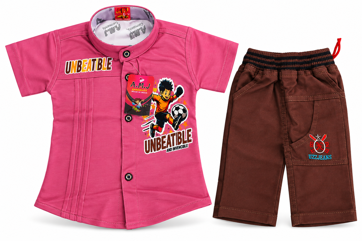 Boys Pink Graphic Shirt and Brown Shorts Set