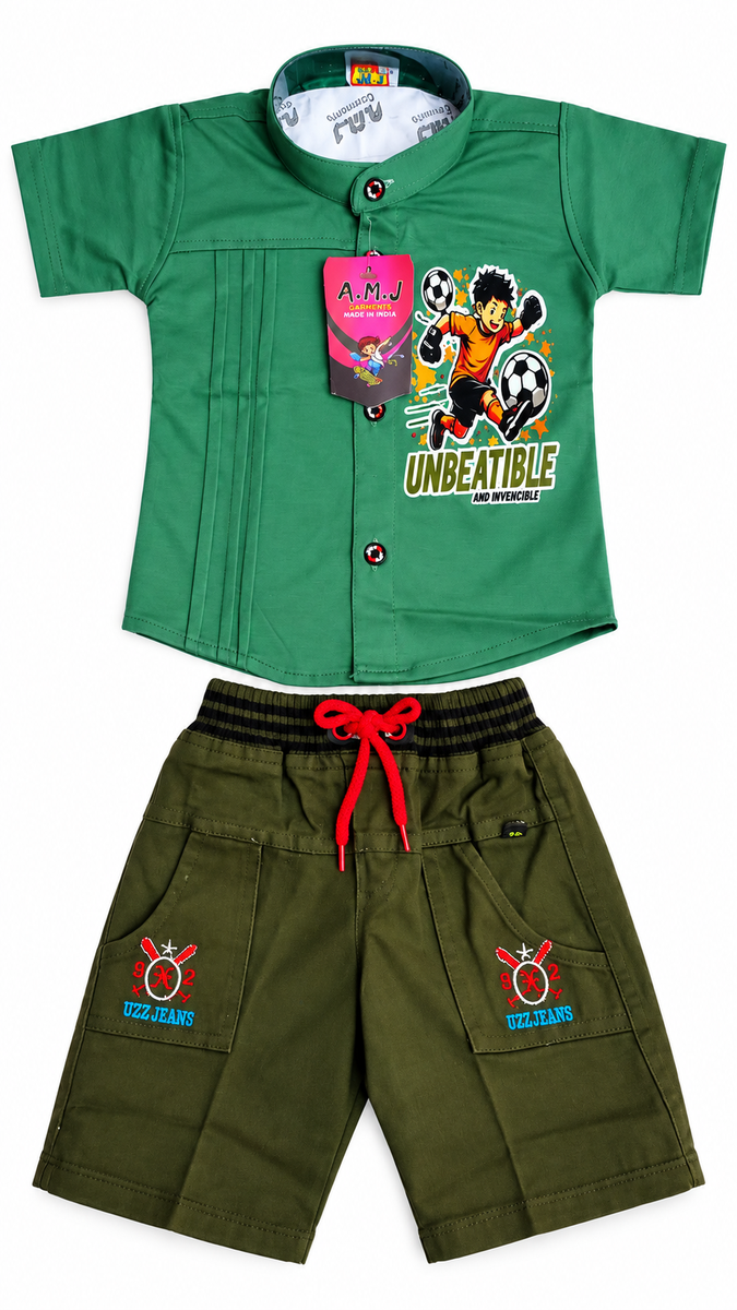 Green Mandarin Collar Shirt and Shorts Co-ord Set