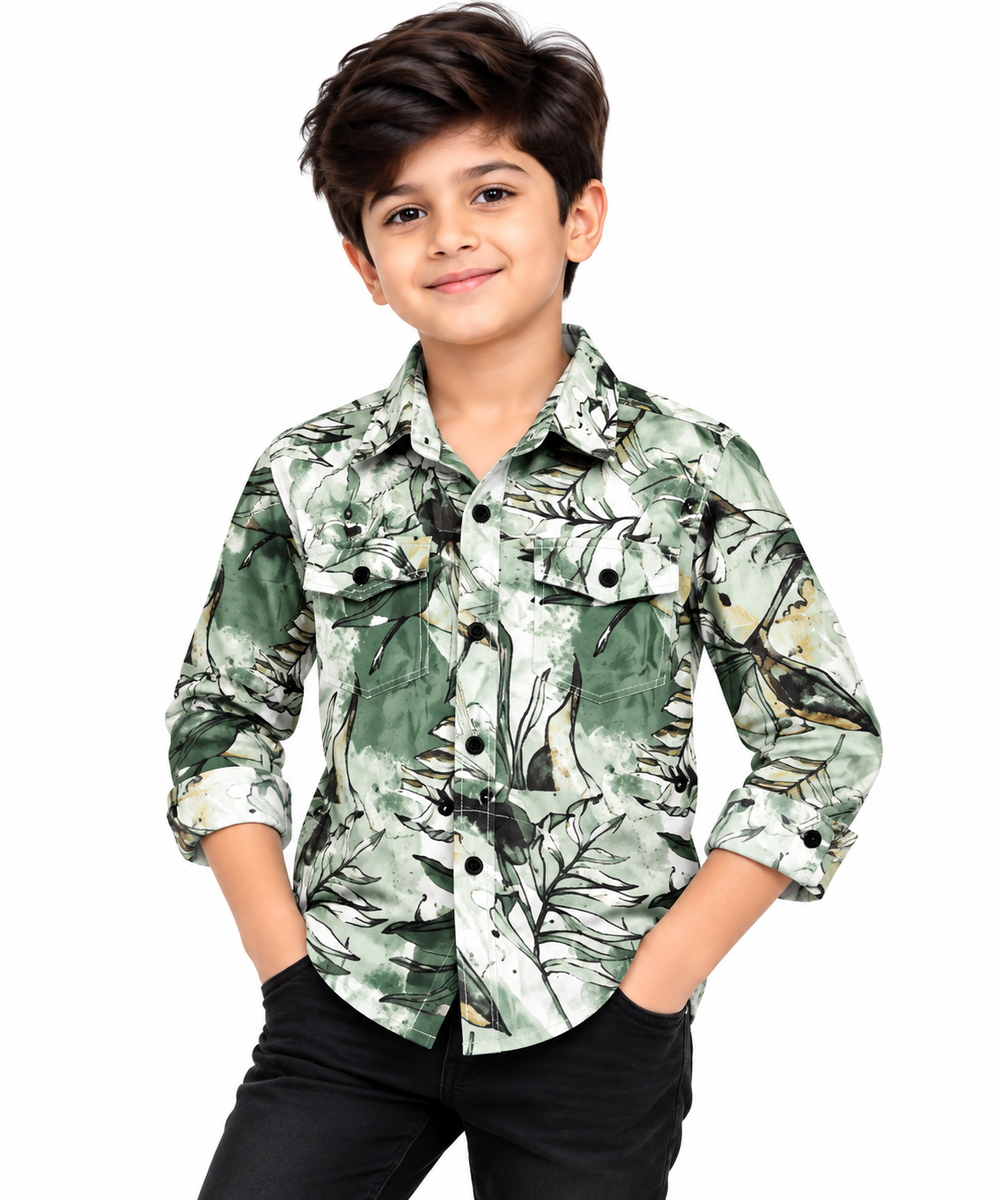 Boys Green Botanical Print Casual Shirt