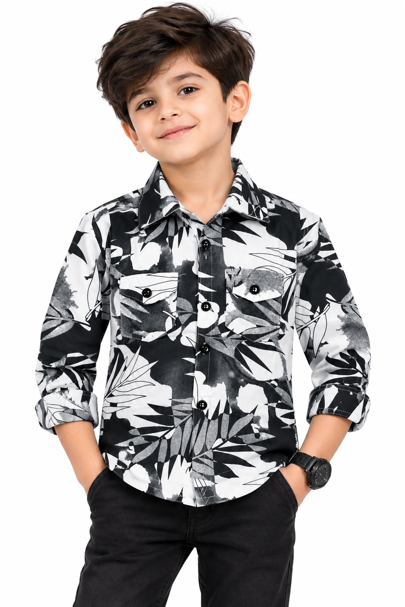 Boys Black and White Leaf Printed Casual Shirt — lifestyle