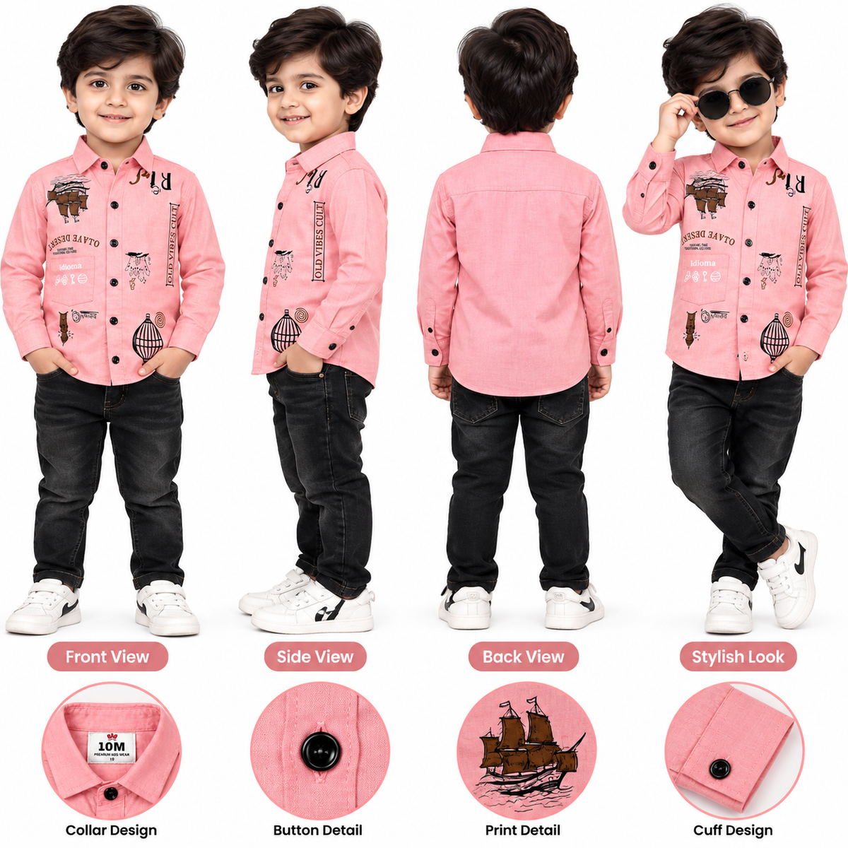 Boys Light Pink Nautical Graphic Full Sleeve Casual Shirt