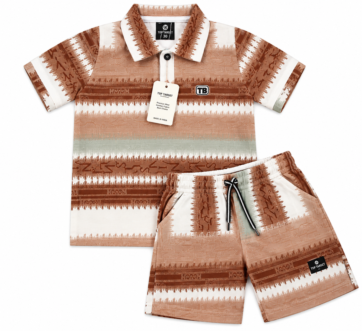 Boys Brown Geometric Print Polo T-Shirt and Shorts Co-ord Set