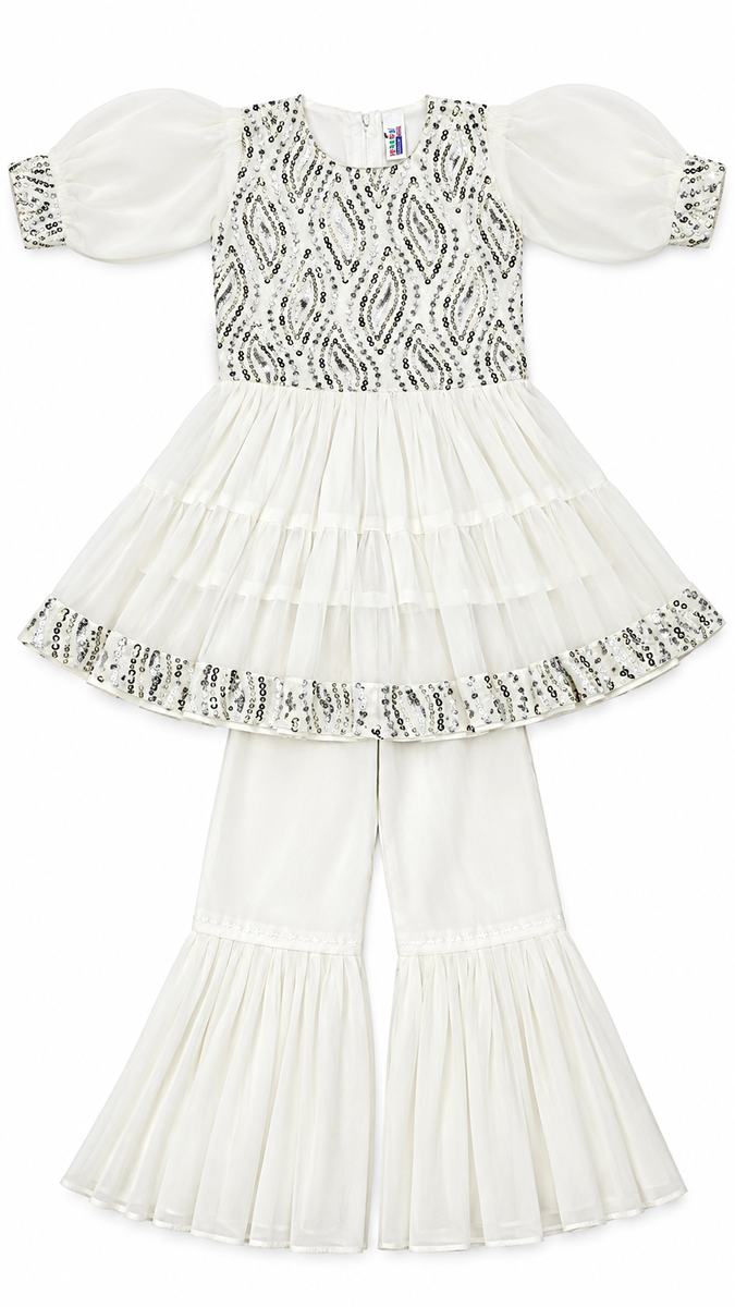 Ivory Sequin Embellished Peplum Kurti with Sharara Set — lifestyle