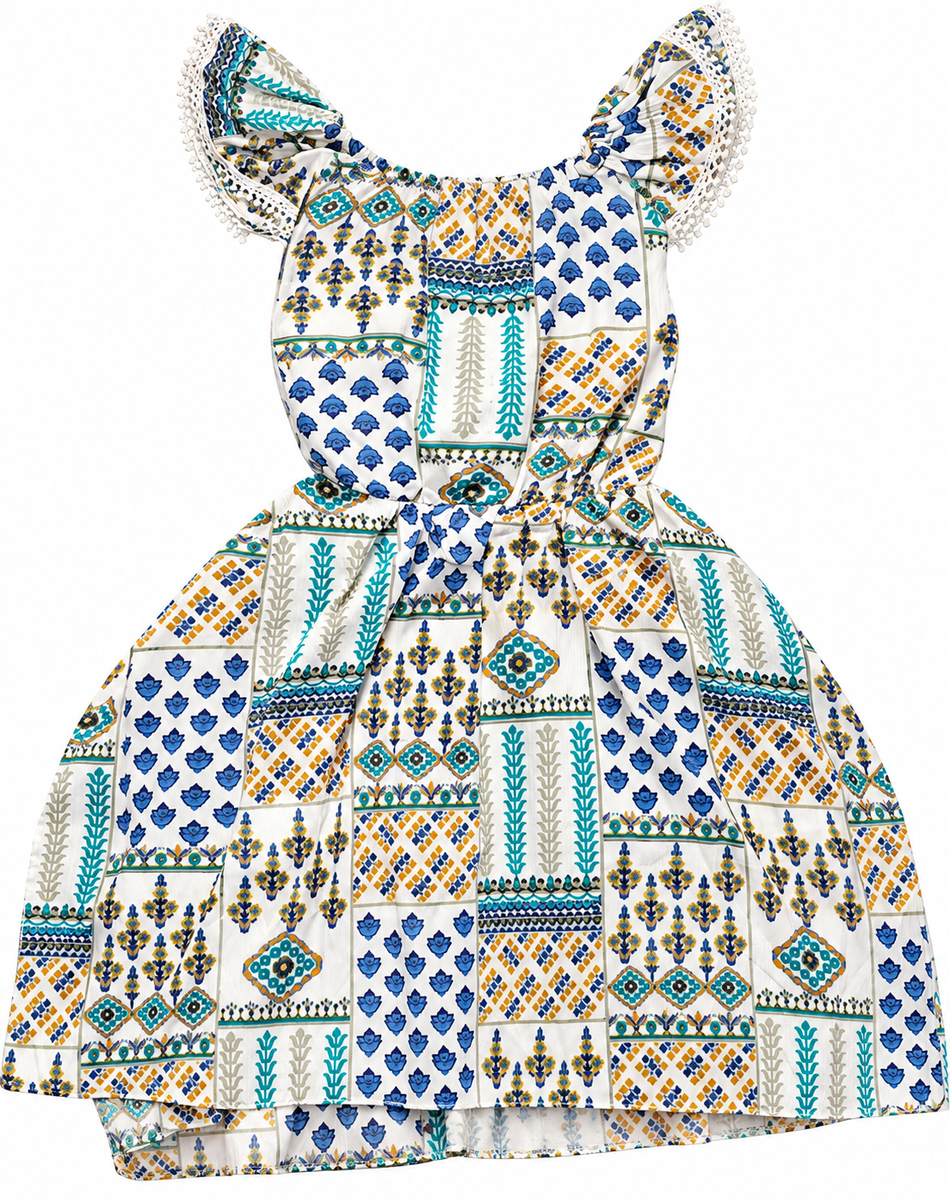 Blue and White Printed Ethnic Frock with Tassels