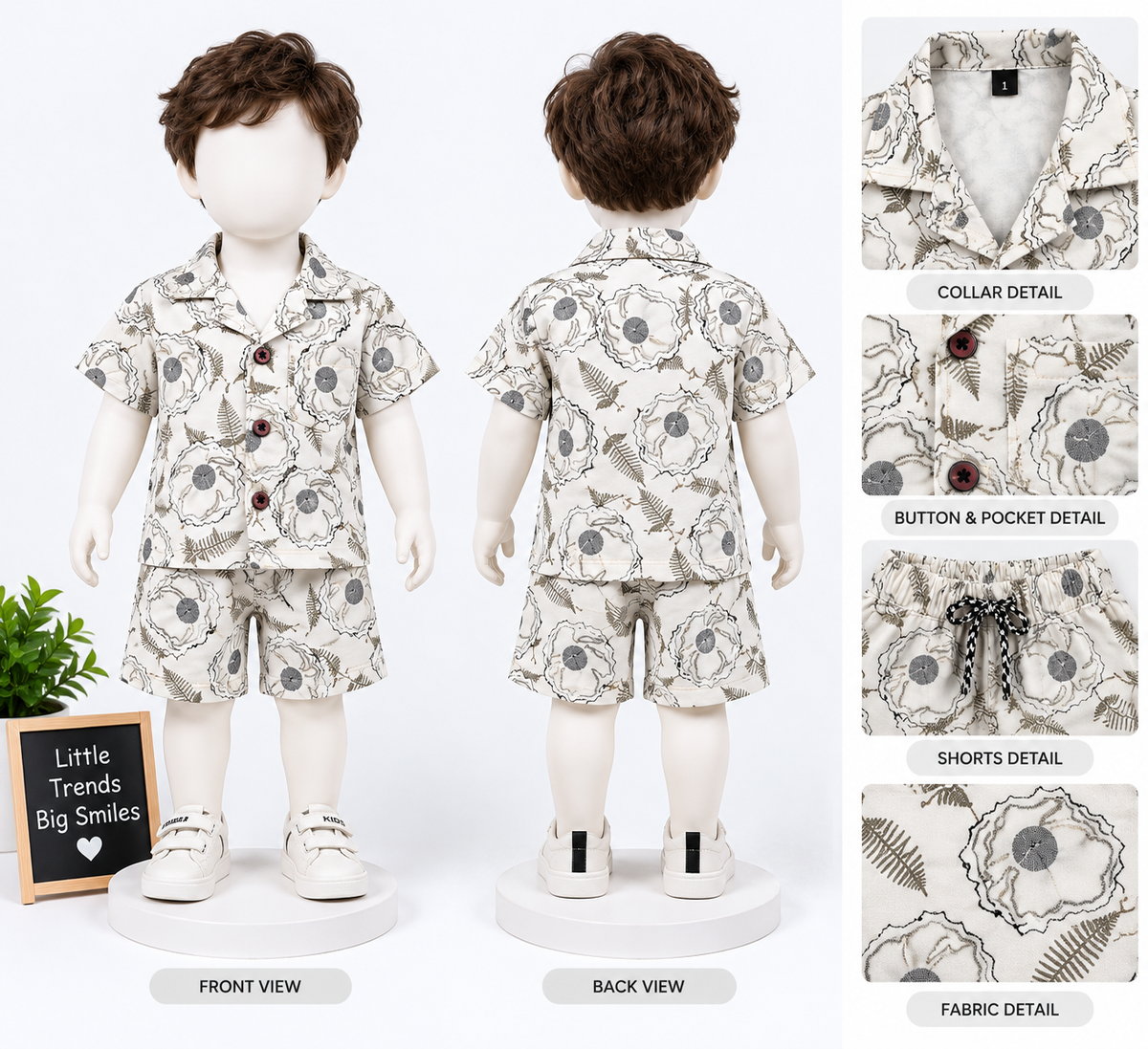 Boys Off-White Floral Print Shirt and Shorts Co-ord Set