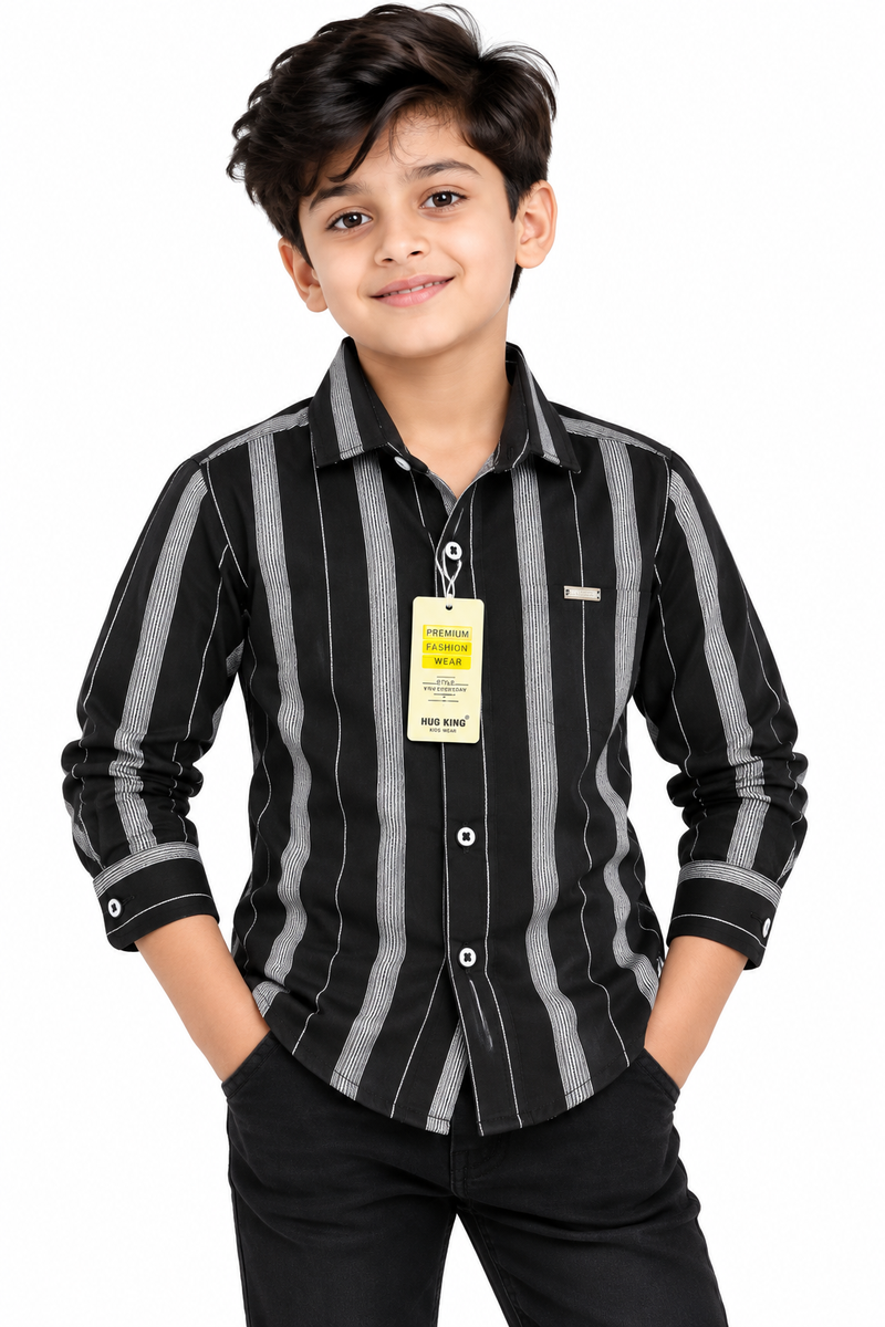 Boys Black & White Striped Full-Sleeve Casual Shirt