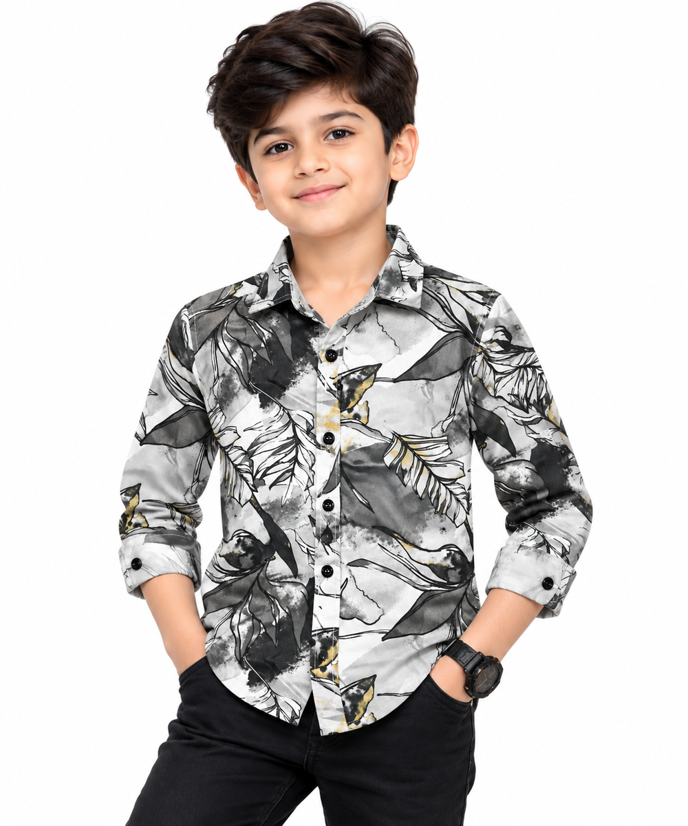 Boys Black & White Leaf Print Casual Shirt