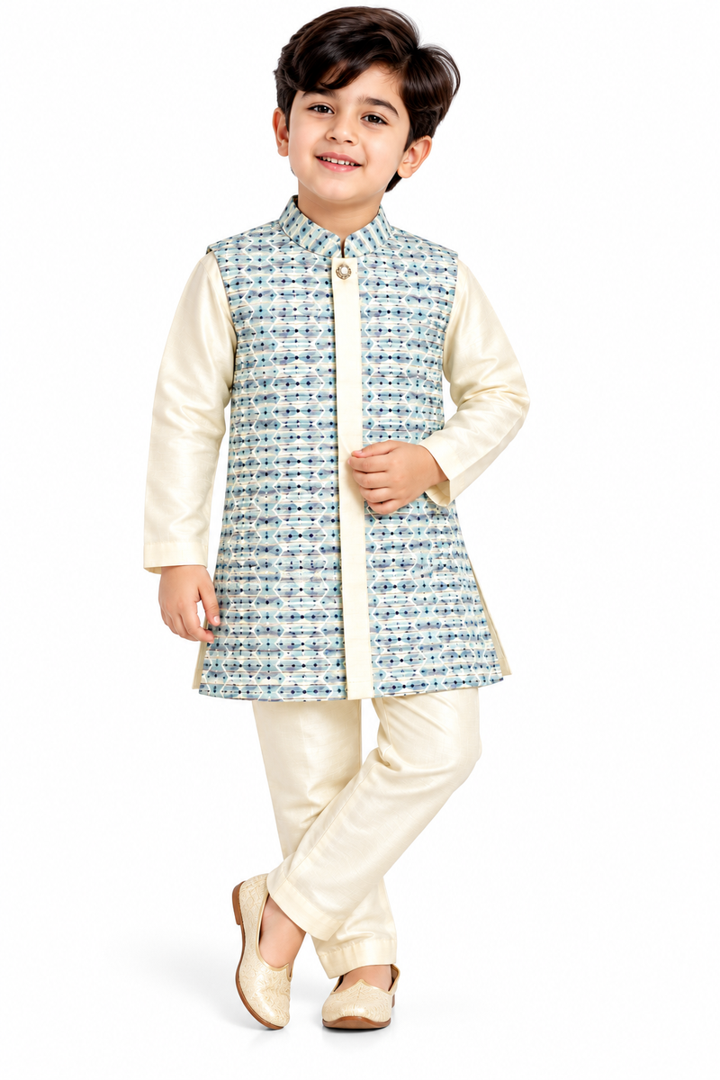 Boys Off-White Kurta with Printed Nehru Jacket Set