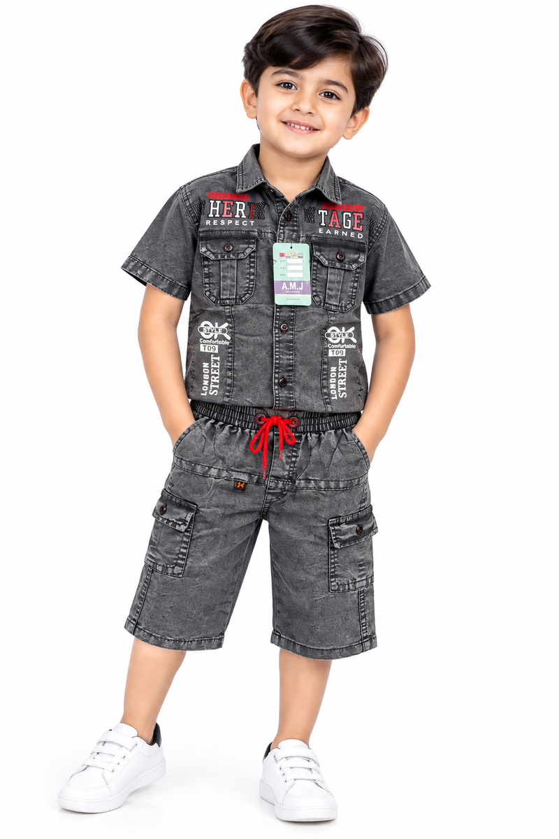 Boys Grey Acid Wash Denim Shirt and Shorts Set