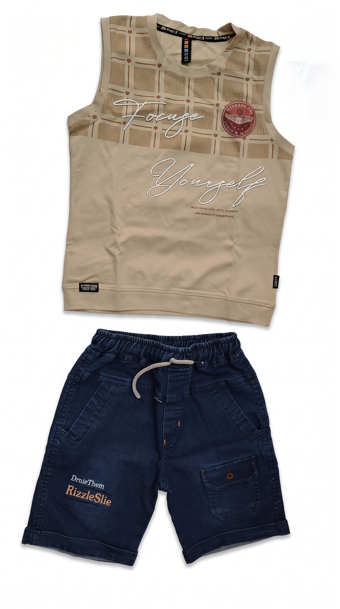 Boys Beige Printed T-Shirt with Denim Shorts Set