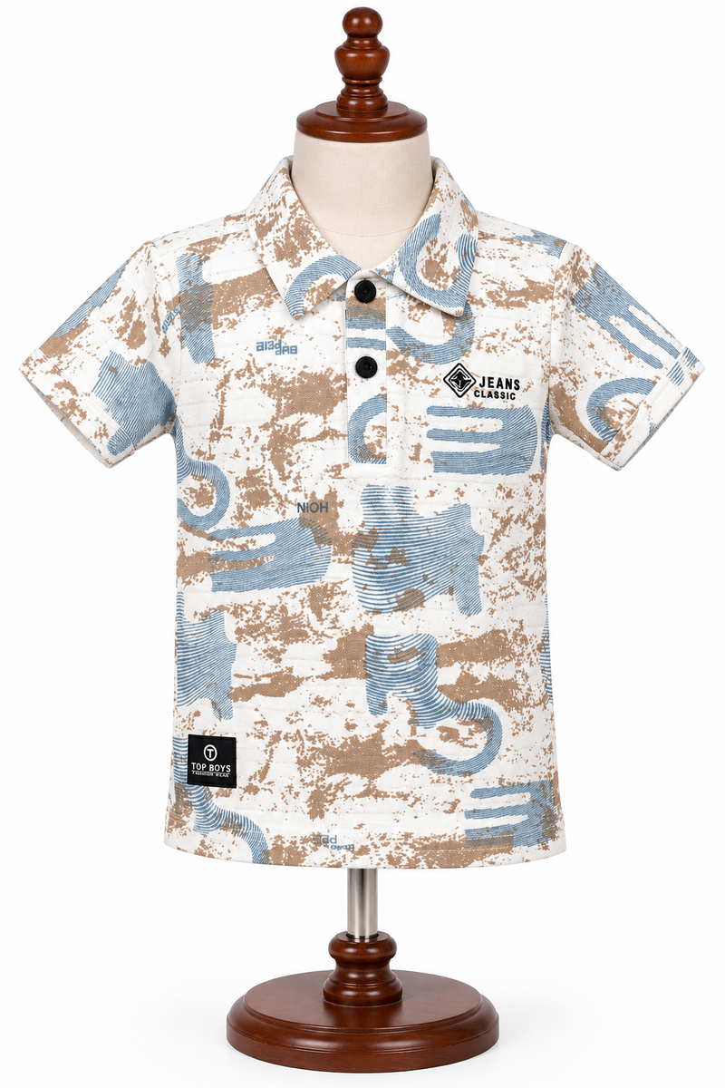 Boys Printed Polo T-Shirt in White and Blue — lifestyle
