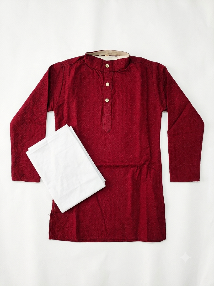 Maroon Printed Kurta with White Pajama Set
