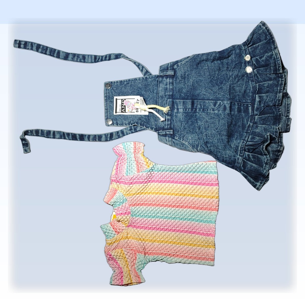 Girls Blue Denim Dungaree Dress with Striped Shirt