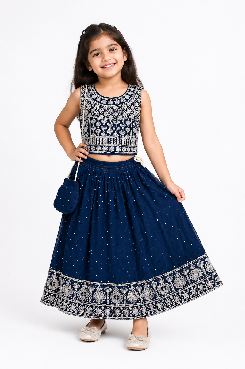 Navy Blue Embroidered Lehenga Choli with Matching Potli Bag