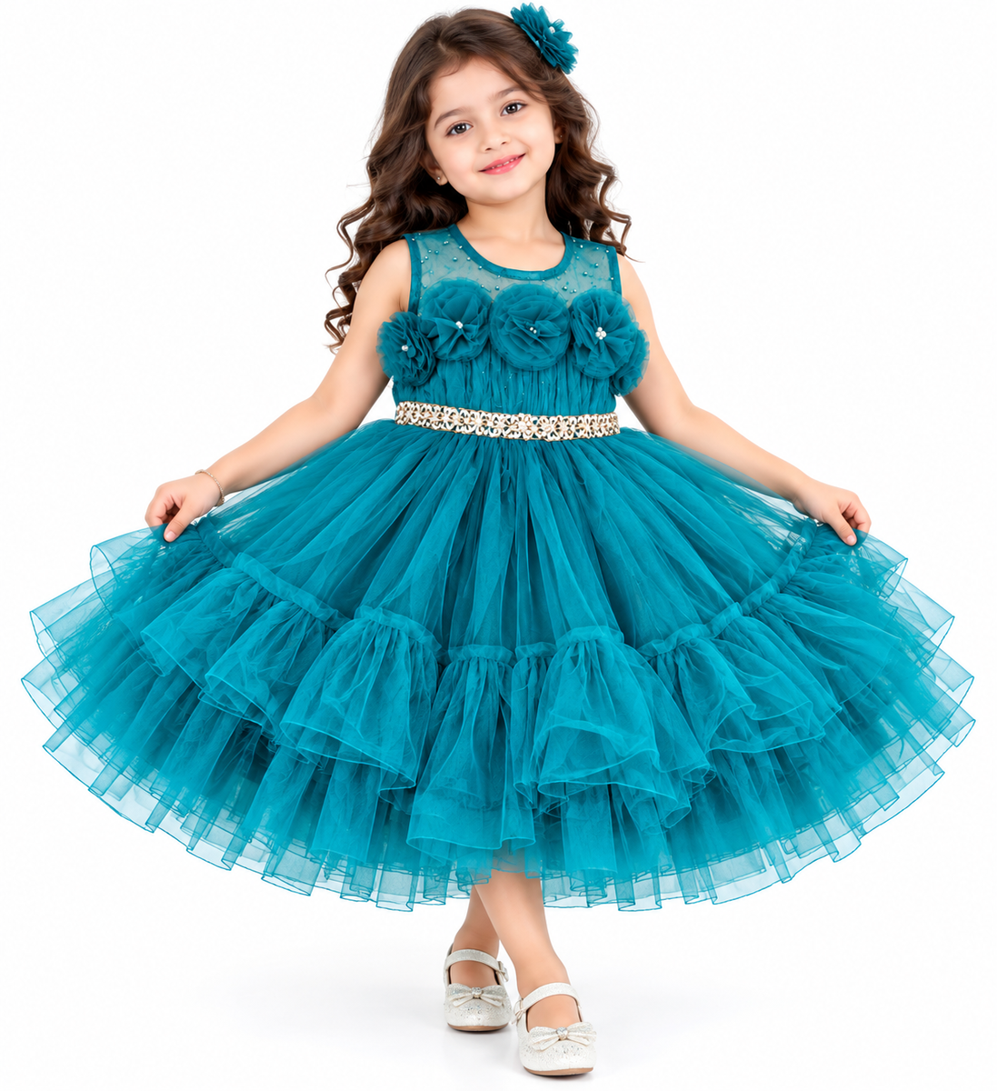 Teal Blue Floral Applique Tulle Party Frock