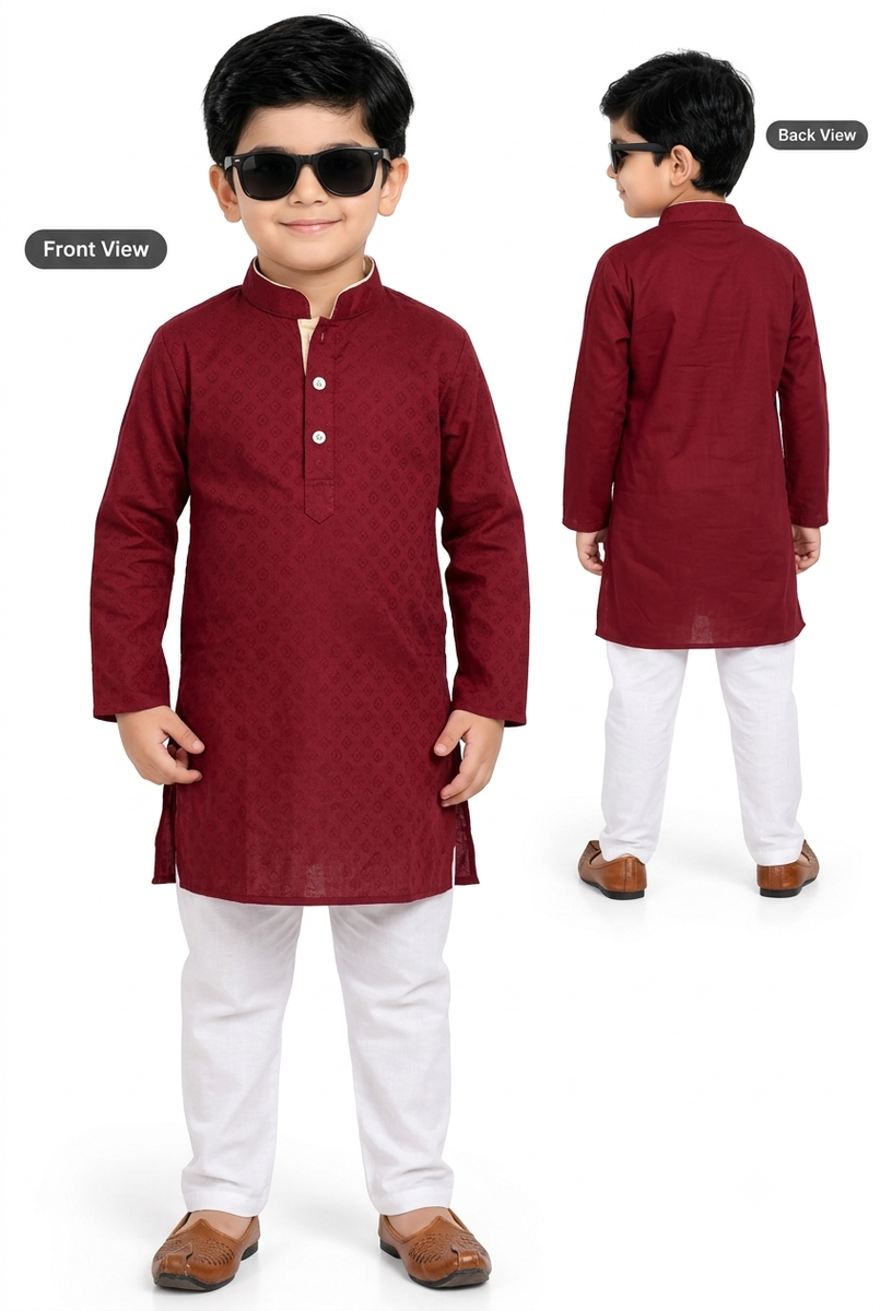 Maroon Printed Kurta with White Pajama Set