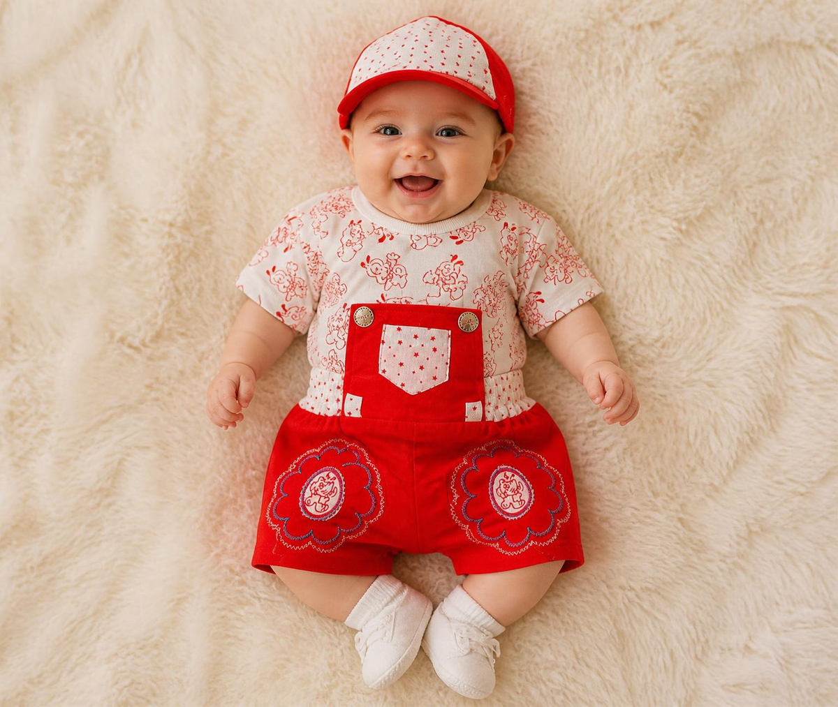 Red and White Printed Baby Dungaree Set with Cap