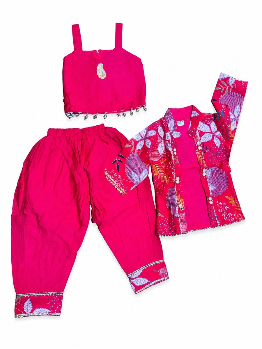Girls Rani Pink Ethnic Dhoti Pants & Crop Top Set with Printed Jacket