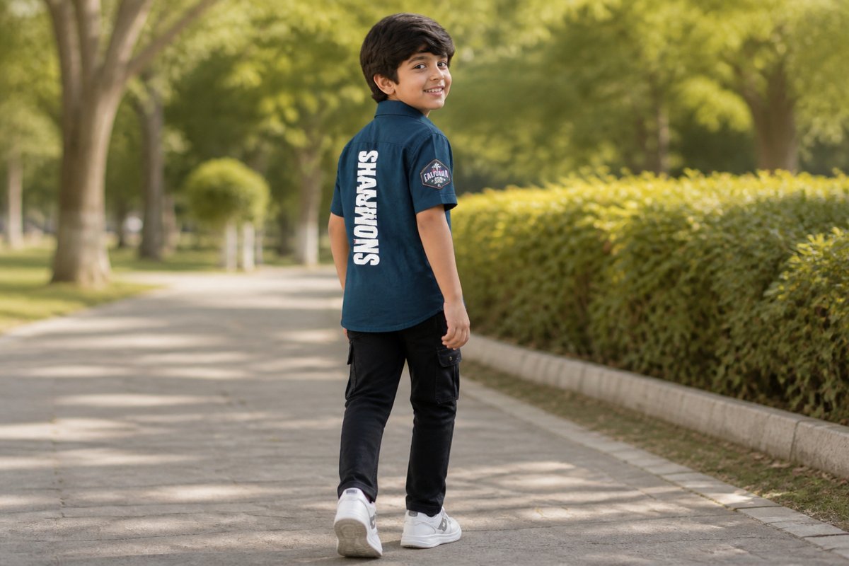 Boys Dark Teal Printed Casual Shirt with Cargo Pants