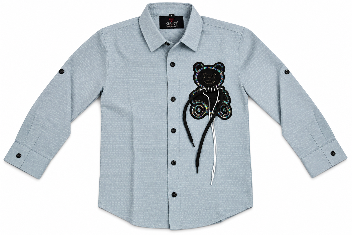 Boys Light Blue Casual Shirt with Teddy Applique