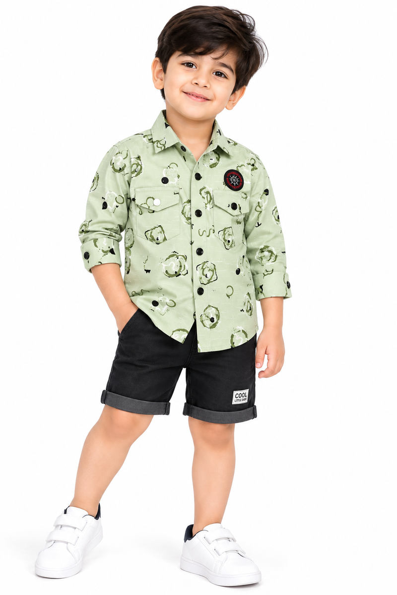 Boys Olive Printed Casual Shirt with Black Shorts Set
