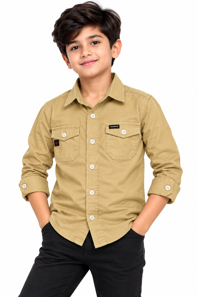 Boys Khaki Casual Cotton Shirt with Pocket Details