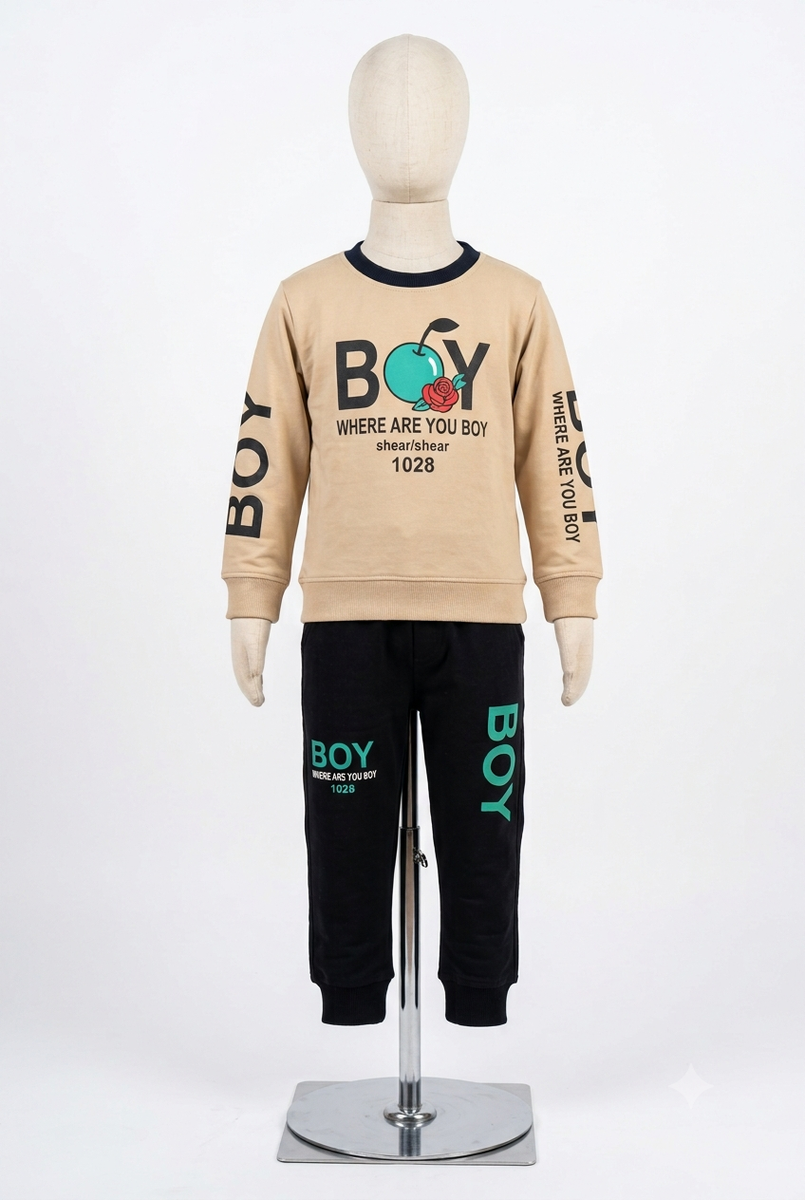 Boys Beige & Black Graphic Sweatshirt and Joggers Set