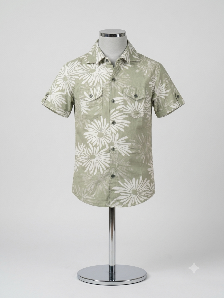 Sage Green Floral Printed Casual Shirt for Boys — lifestyle