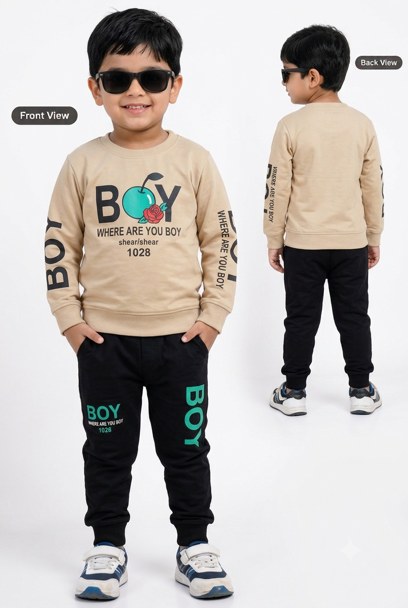 Boys Beige & Black Graphic Sweatshirt and Joggers Set
