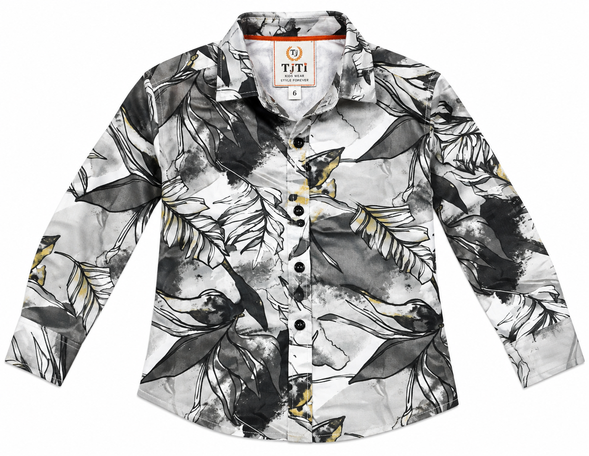 Boys Black & White Leaf Print Casual Shirt