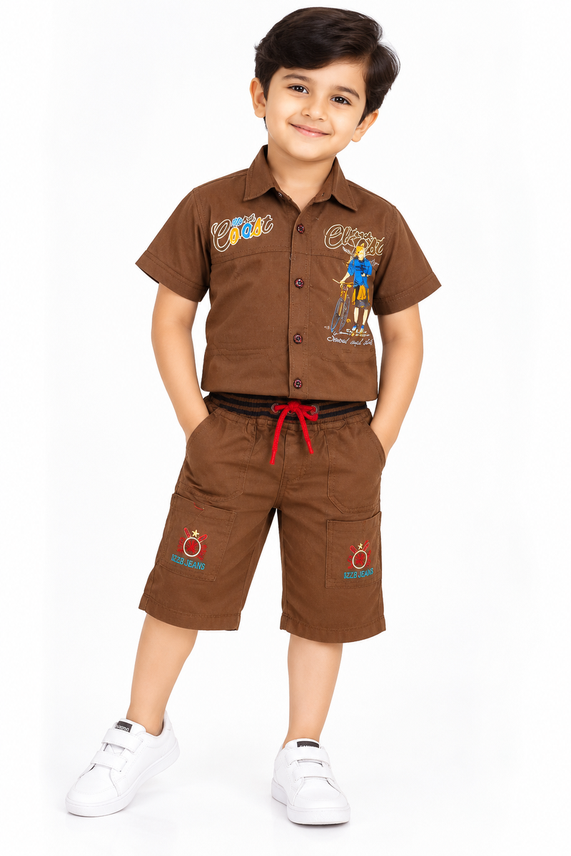 Boys Brown Graphic Shirt and Cargo Shorts Co-ord Set